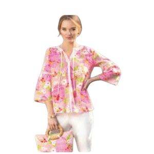 Spartina 449 Pink Floral Birdcage Linen Bell Sleeve Top